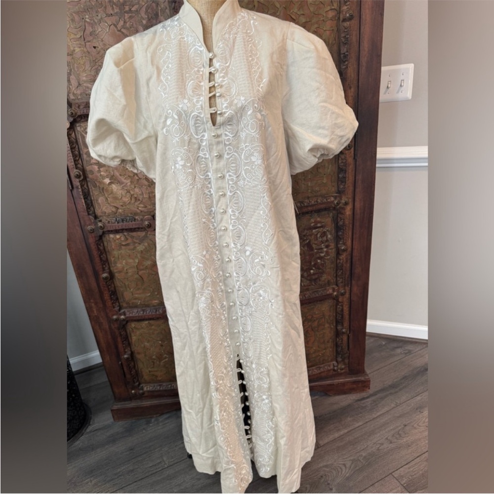 Ivory Embroidered Puff-Sleeve Maxi Dress